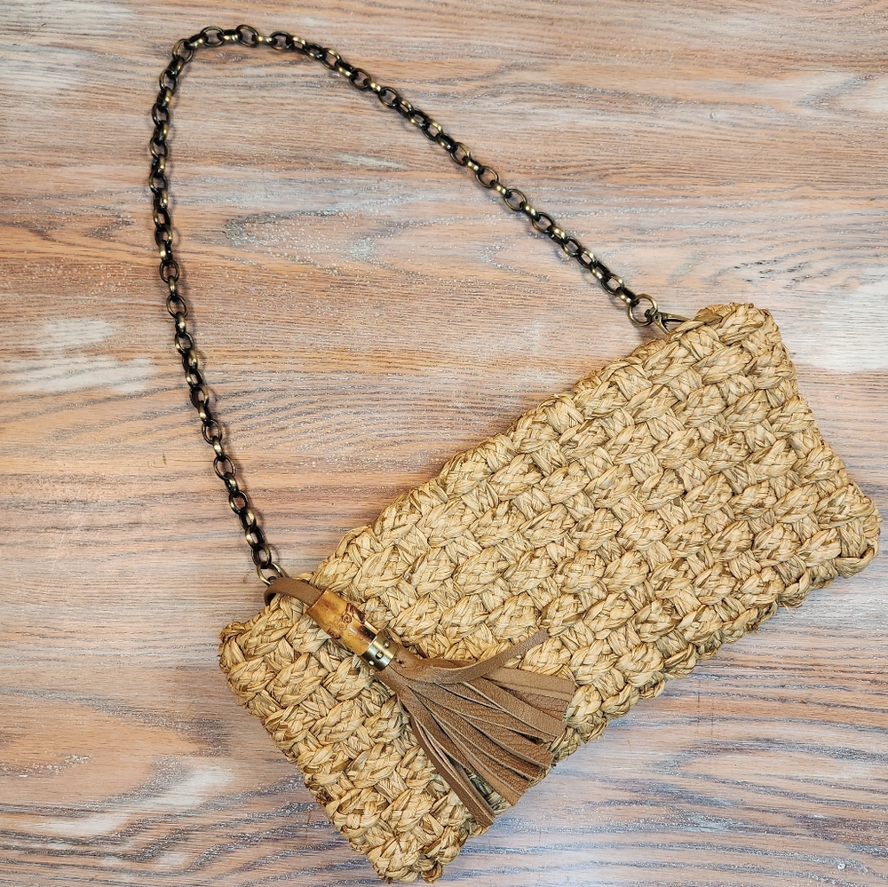 Revolve Flora Bella Raffia Bag Clutch removable Shoulder Chain NWOT